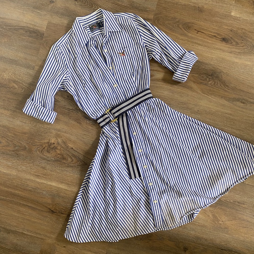 Button-Up Americana Striped Shirt Dress with Belt